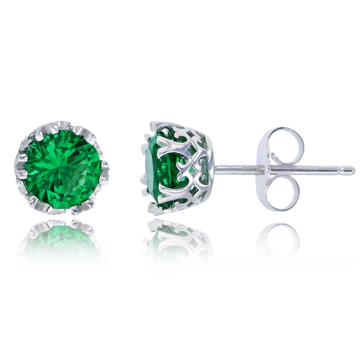 Sterling Silver Rhodium 6mm Emerald Round Cut CZ Crown Setting Solitaire Stud Earring