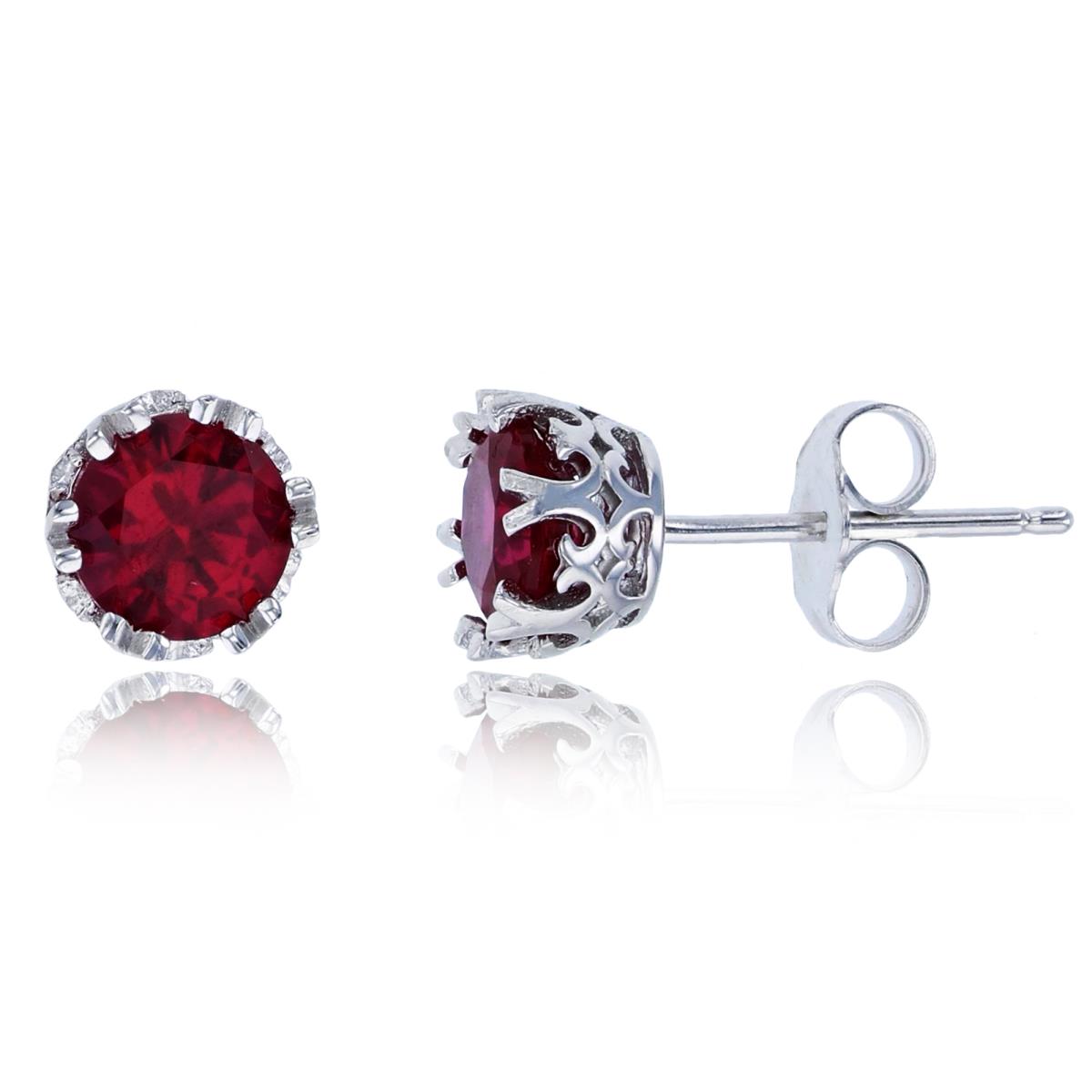 Sterling Silver Rhodium 6mm Ruby Round Cut CZ Crown Setting Solitaire Stud Earring