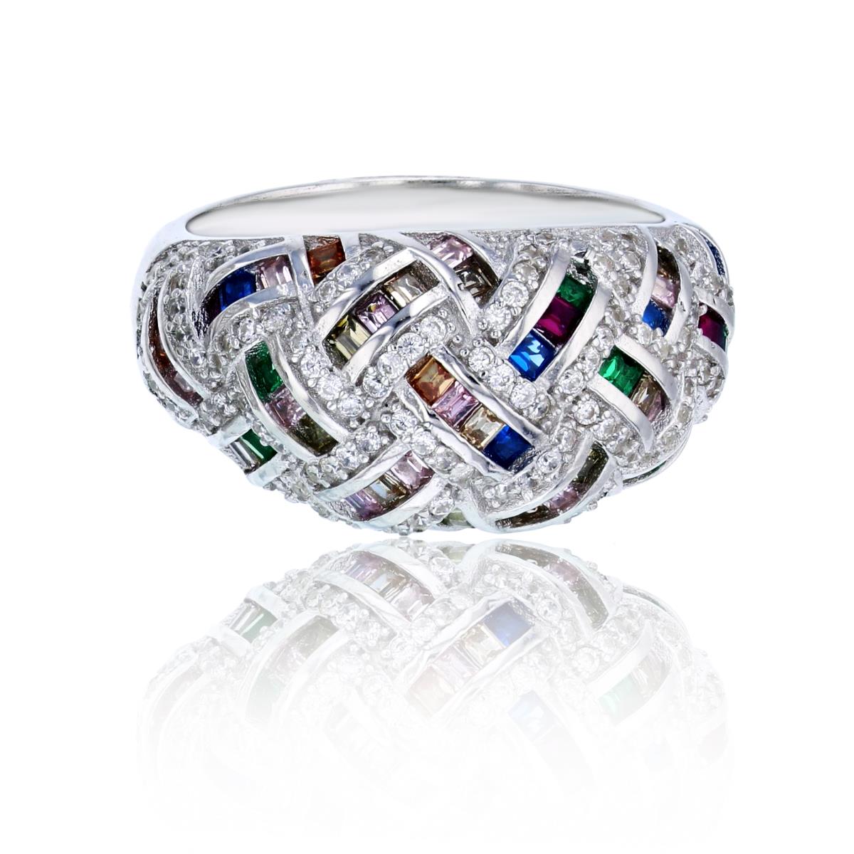 Sterling Silver Rhodium Micropave White Rd Cut & Multi Color Baguette CZ Domed Weave Ring