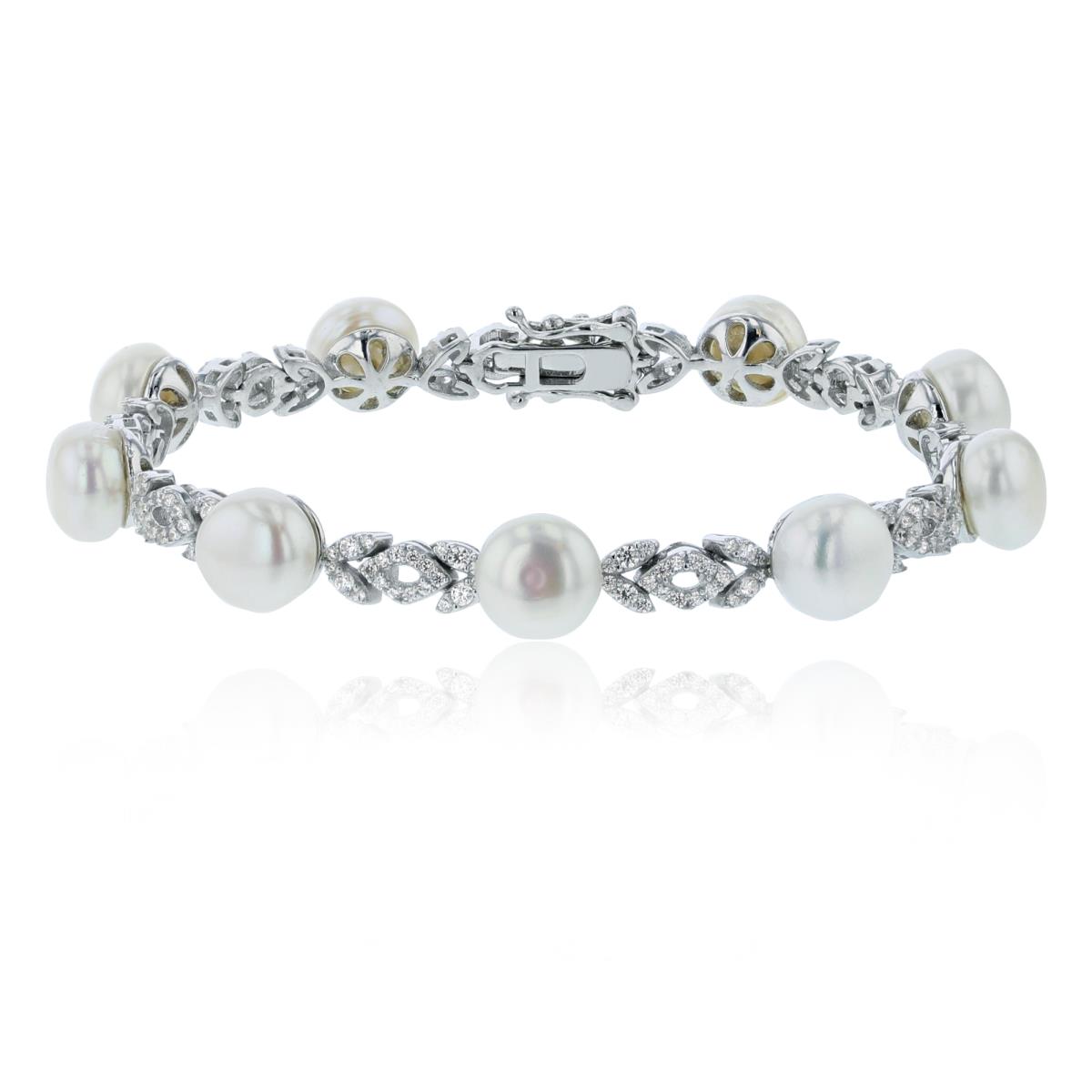 Sterling Silver Rhodium 8mm Freshwater Pearls & Micropave CZ Leaves 7" Bracelet