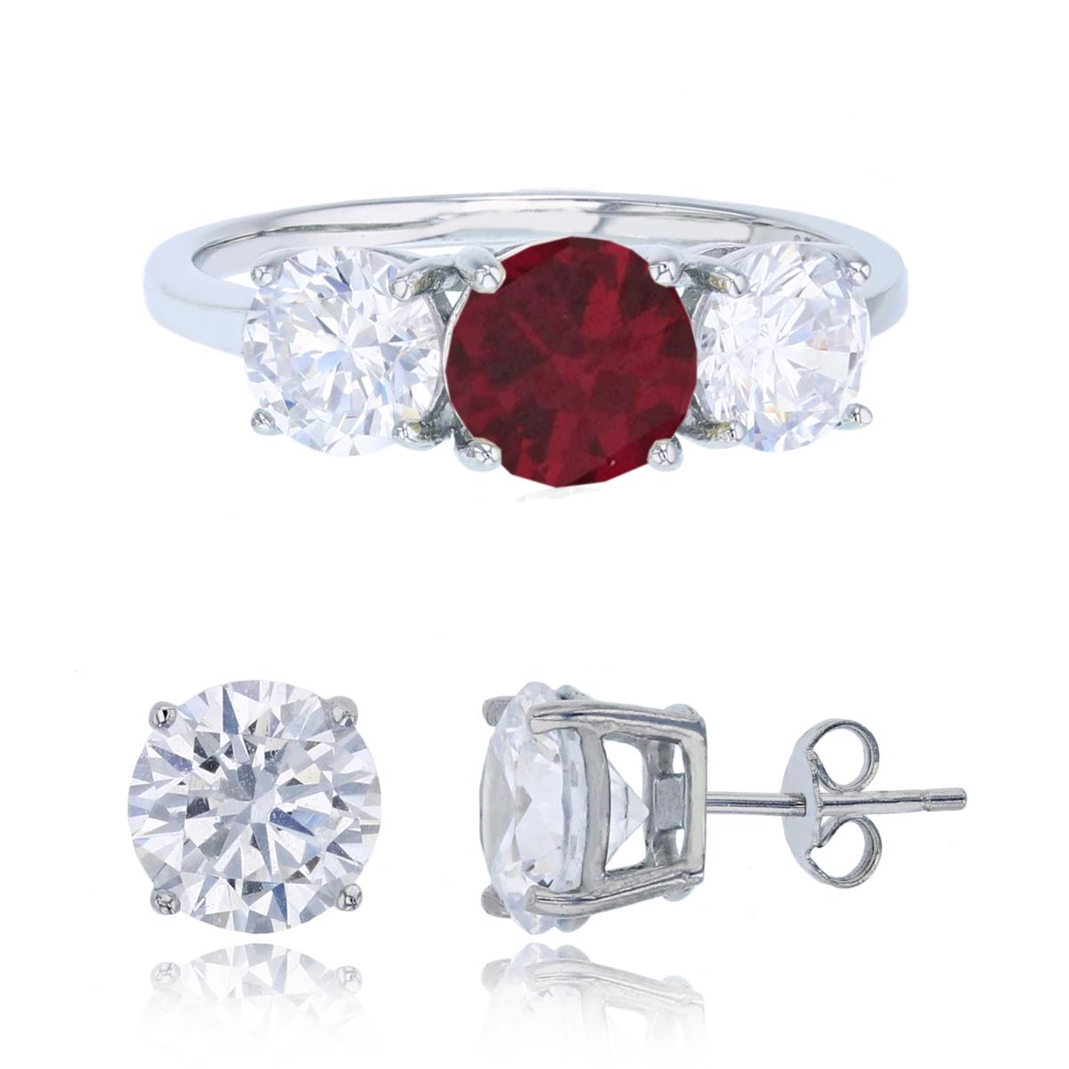 Sterling Silver Rhodium 3-Stone Ruby & White Past, Present&Future Ring & 8mm Round Solitaire Stud Earring Set