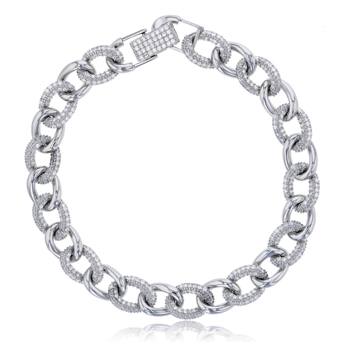 Sterling Silver Rhodium 9.50mm Alternating Micropave & Polished Links 8.50" Bracelet