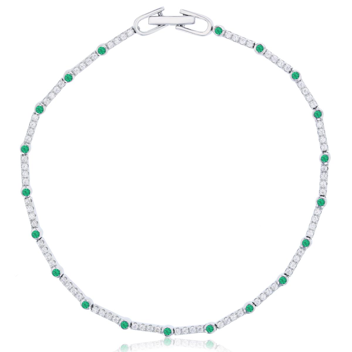 Sterling Silver Rhodium White & Emerald Round Cut CZ Bezel Station 7" Bracelet