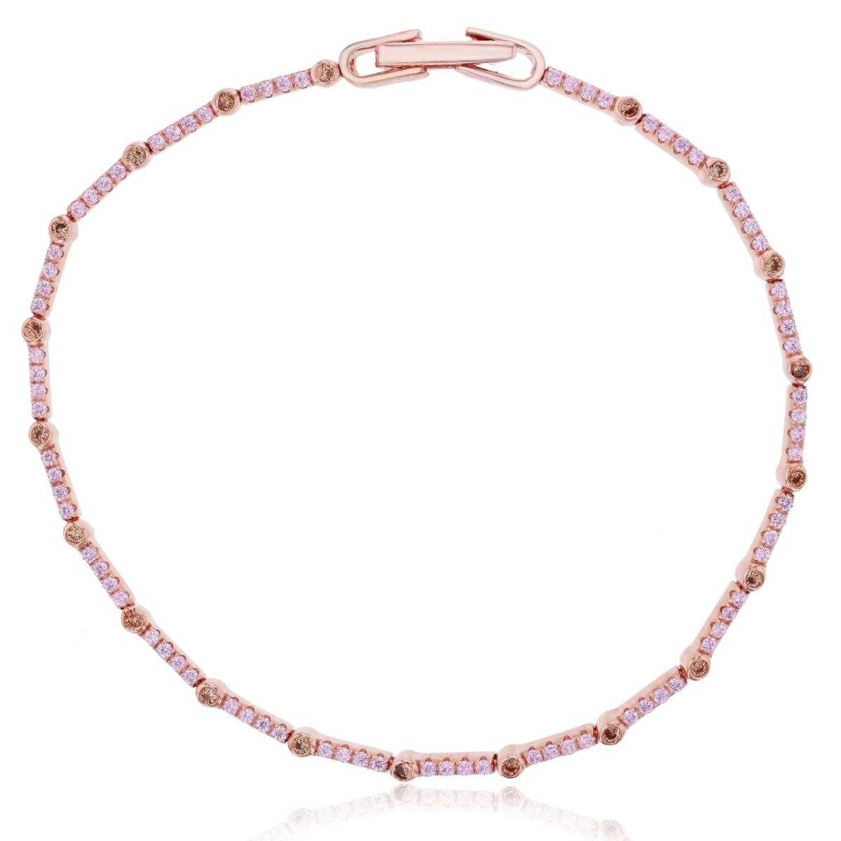Sterling Silver Rose Pink & Champagne Round Cut CZ Bezel Station 7" Bracelet