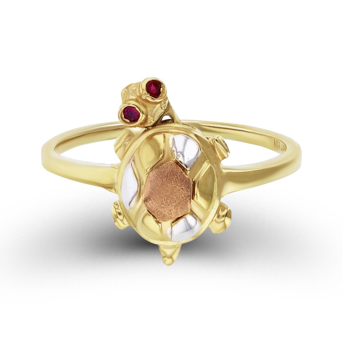 14K Tricolor Gold Ruby CZ Polished & Satin Turtle Ring