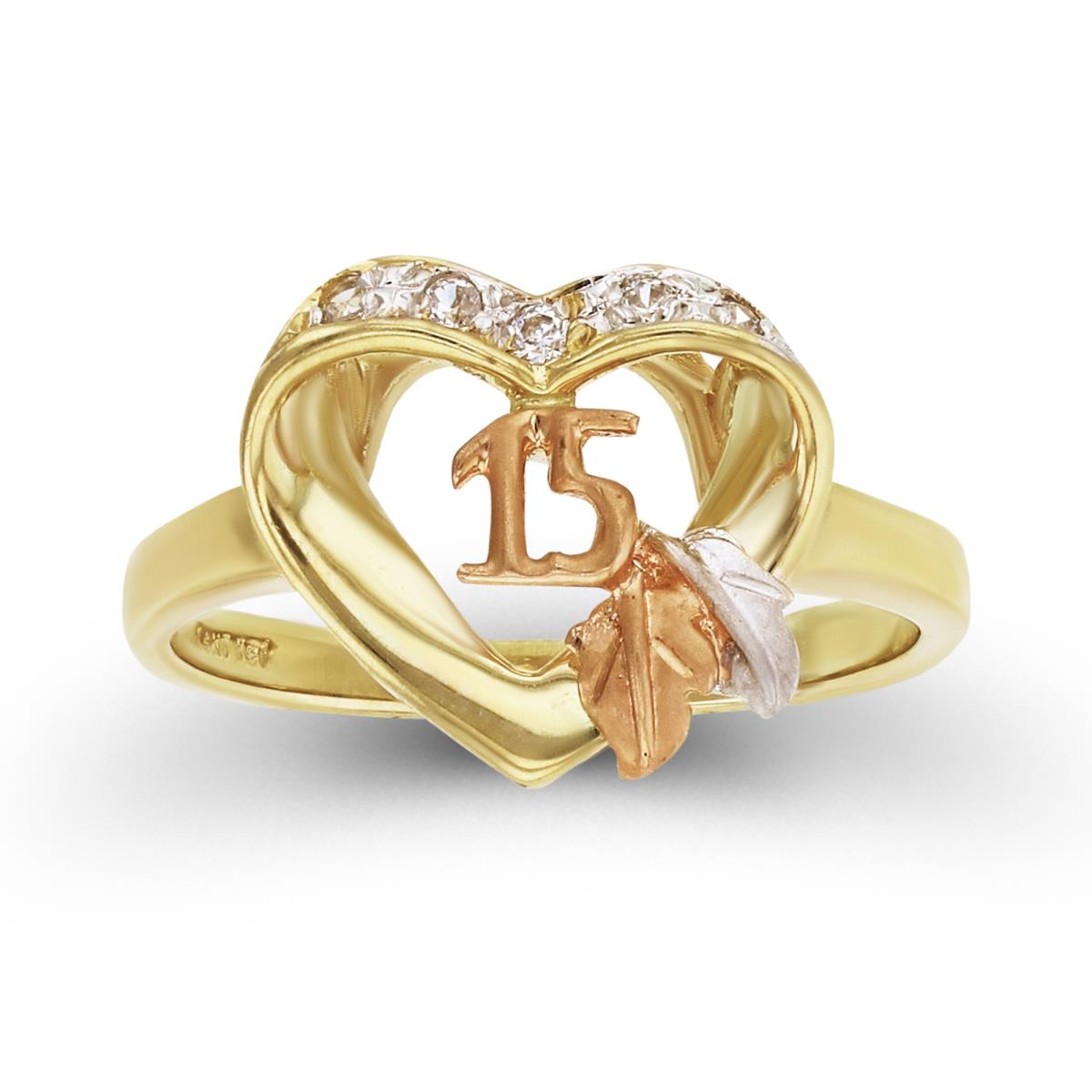 14K Tricolor Gold Polished & Satin "15" Quinceanera Clear CZ Heart Ring
