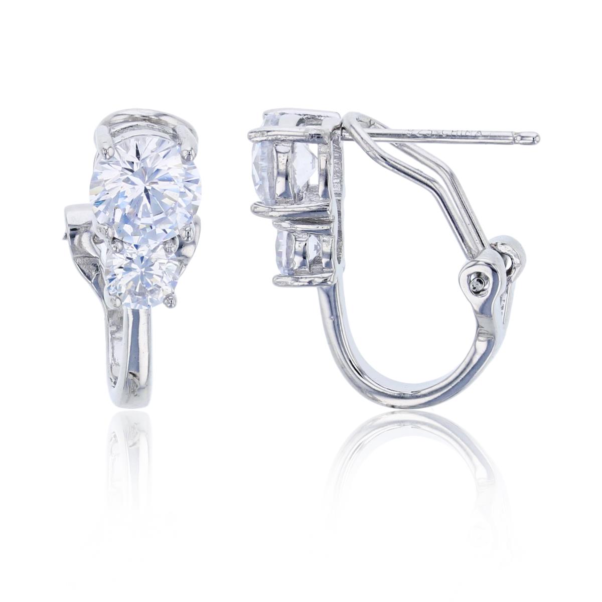 Sterling Silver Rhodium 6mm & 4mm Rd Cut CZ 2-Stone Omega-Back Huggie Earring
