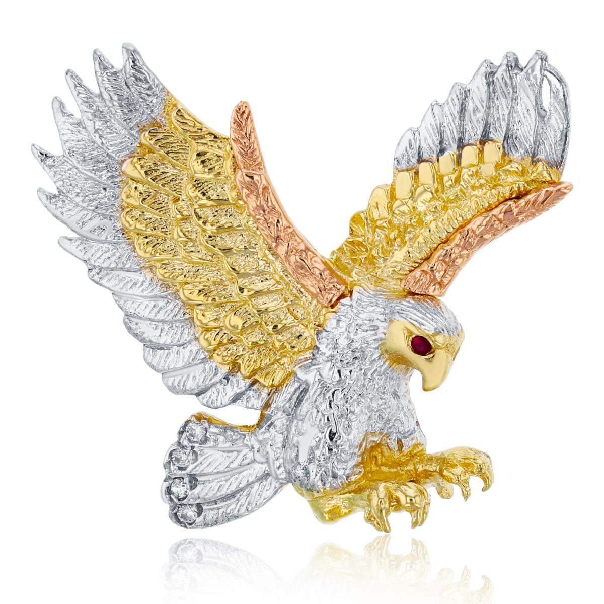 14K Tricolor Gold Textured Ruby CZ Eagle Pendant
