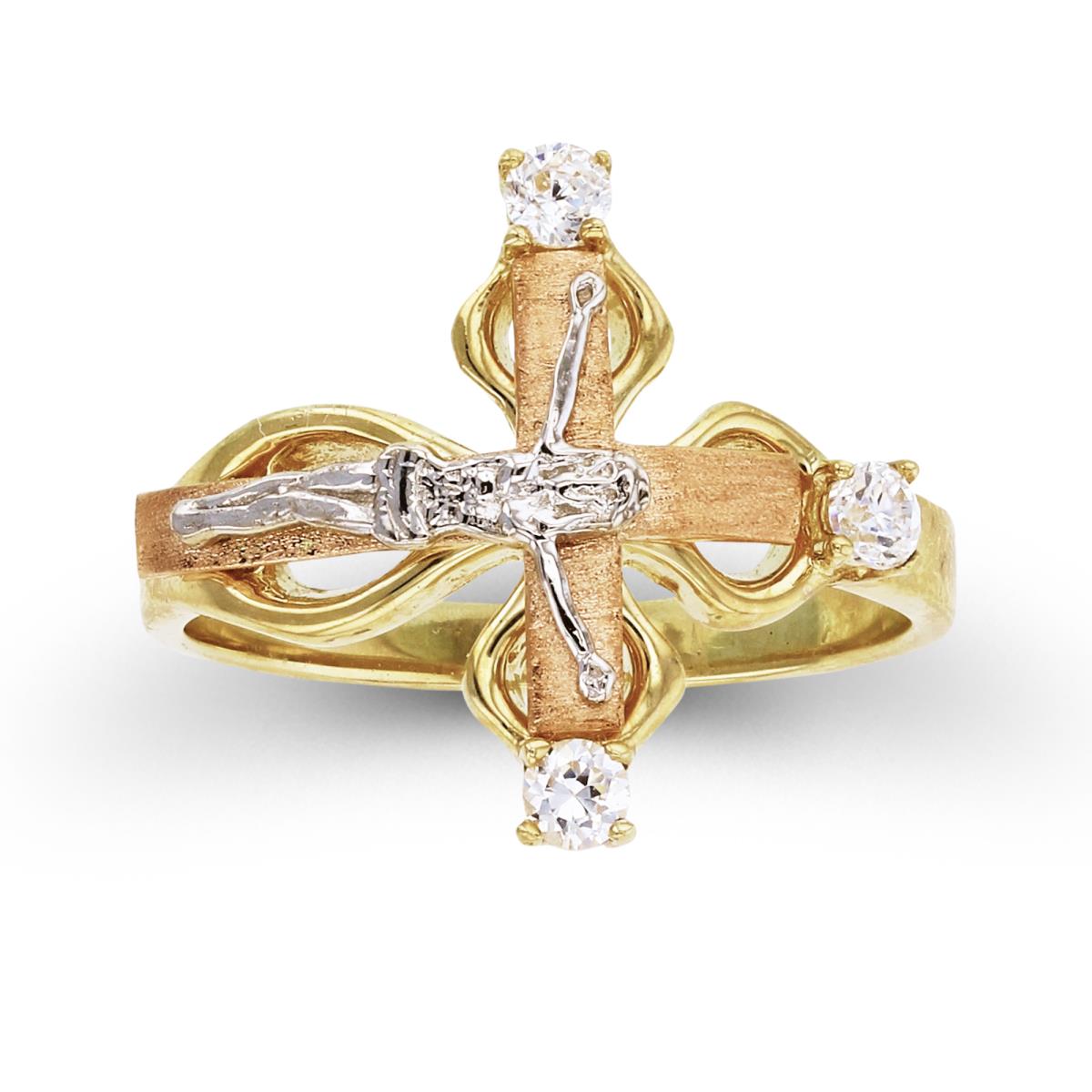 14K Tricolor Gold Polished & Satin Clear CZ Sideways Crucifix Cross Religious Ring