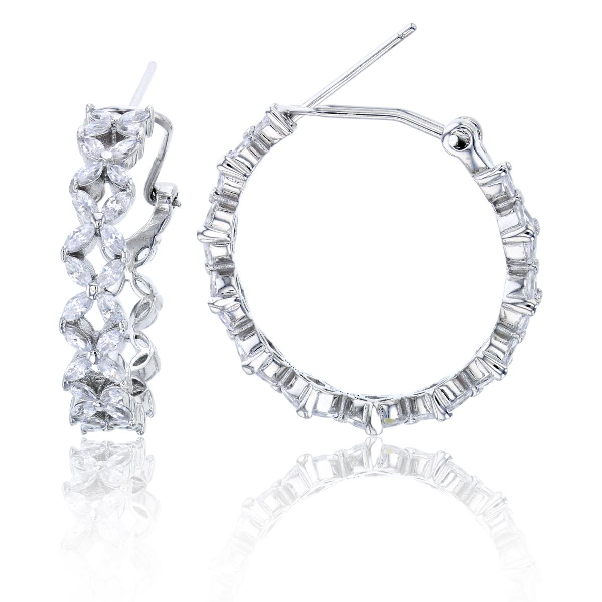 Sterling Silver Rhodium 25x5mm Micropave Marquise Cut CZ Omega-Back Hoop Earring