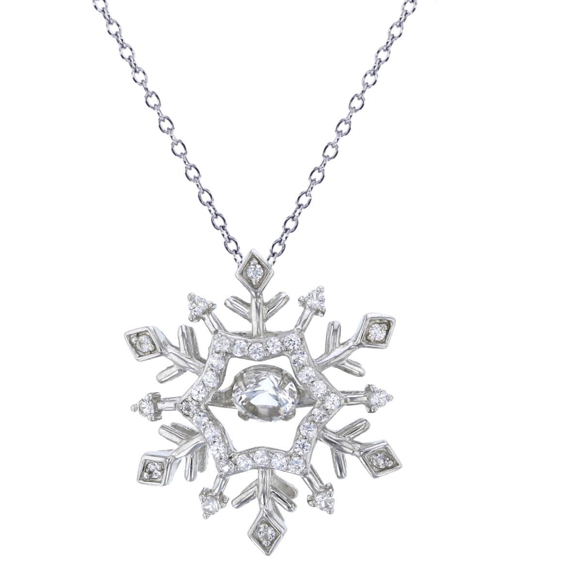 Sterling Silver Rhodium 5mm Dangling Round Cut CZ Snowflake 18"+2" Necklace