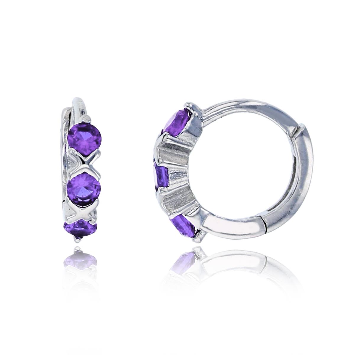 Sterling Silver Rhodium 10x3mm XO 3-Stone Amethyst Rd Cut CZ Huggie Earring
