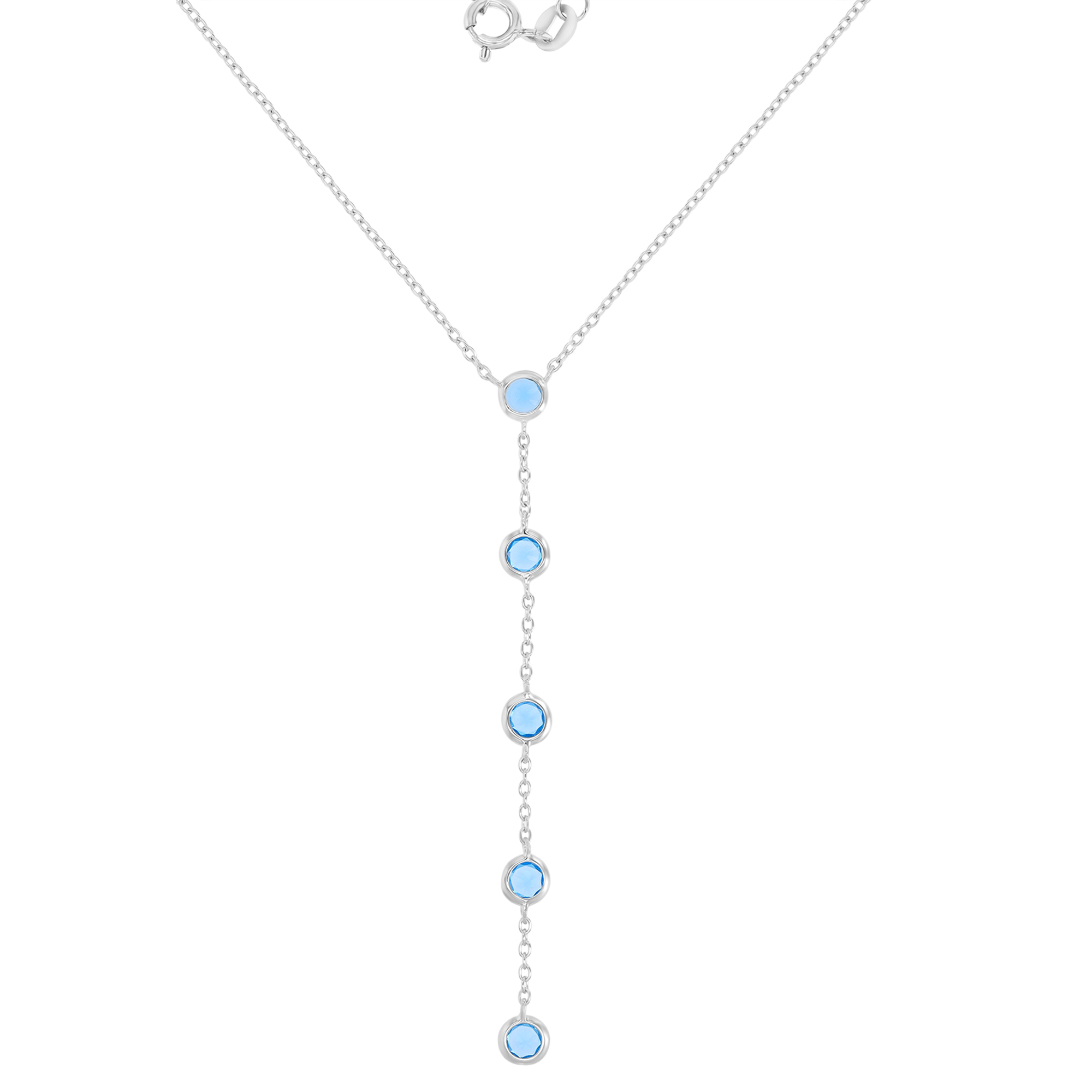 Sterling Silver Rhodium 4mm Swiss Blue Round Cut CZ Bezel 17"+1" Dangling Necklace