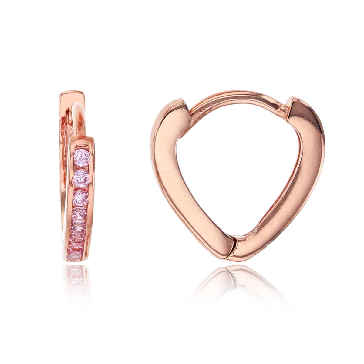 Sterling Silver Rose 12x2mm 1-Row Pink Round Cut CZ Heart Shape Huggie Earring