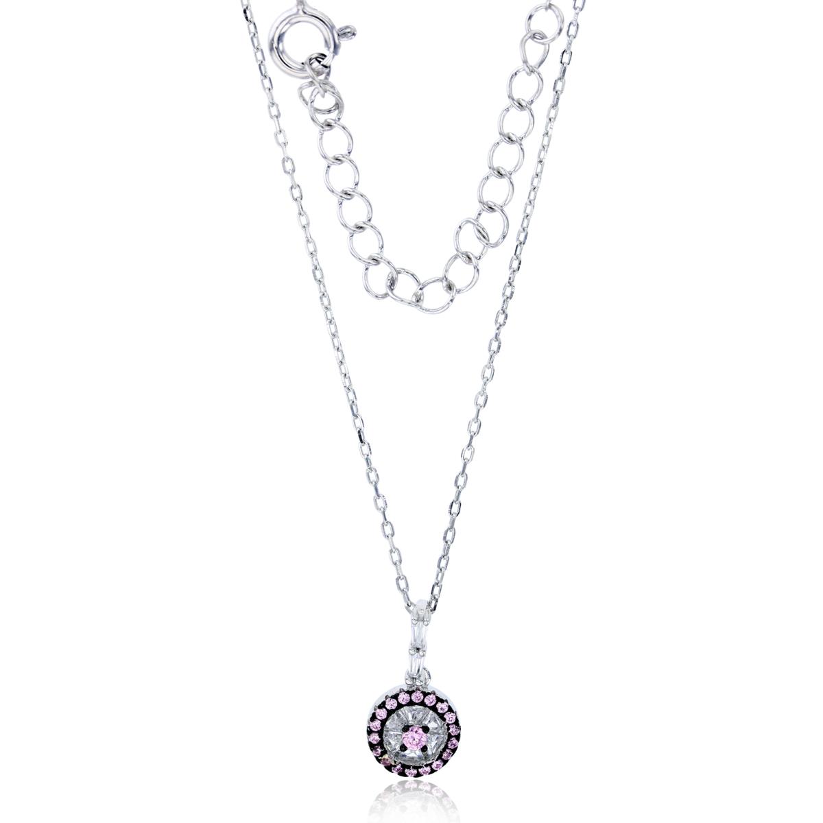 Sterling Silver Black & Rhodium Micropave Pink Rd Cut & White Baguette Circle 18"+2" Necklace