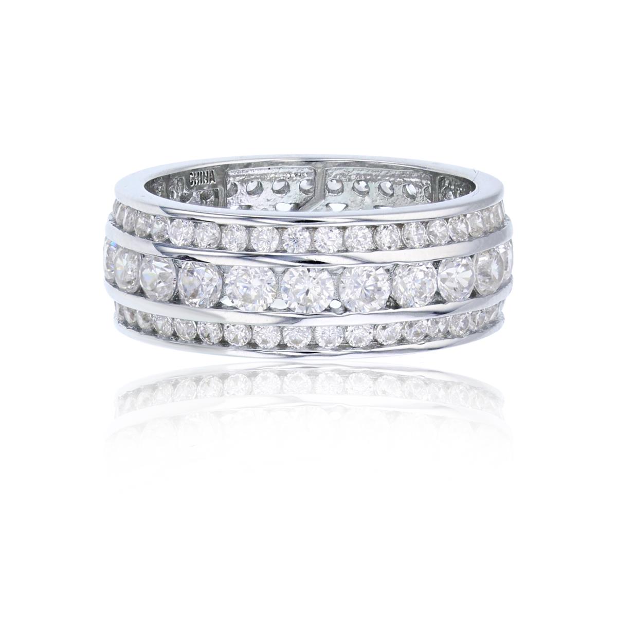 Sterling Silver Rhodium 3-Row CZ Channel Set Lines Eternity Band