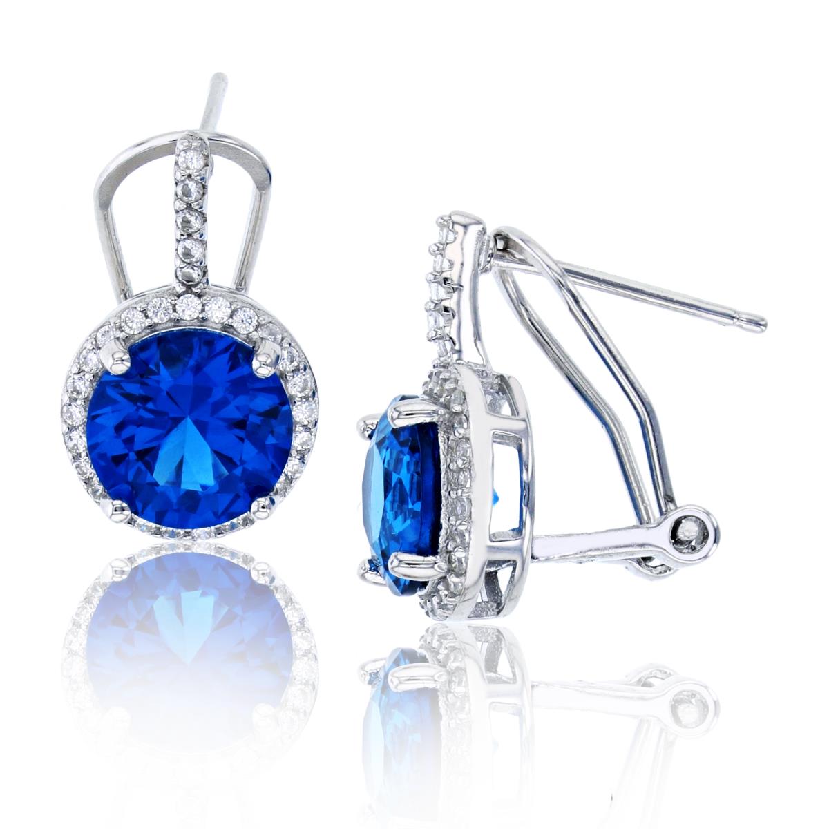 Sterling Silver Rhodium 8mm Swiss Blue Rd Cut CZ White Halo with Omega Back Huggie Earring