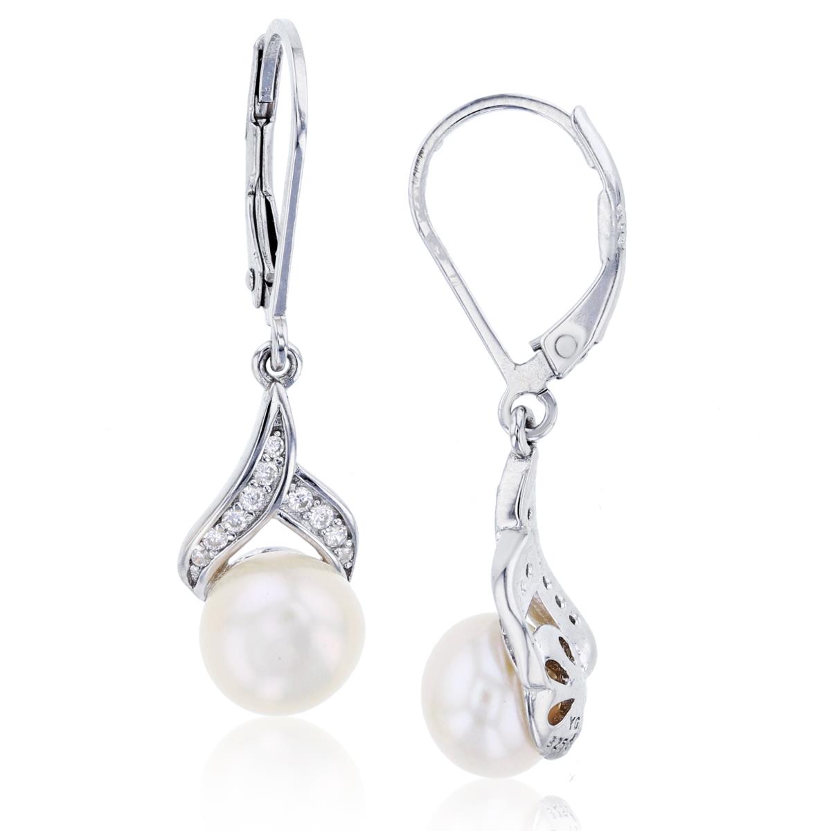 Sterling Silver Rhodium 7.5mm Freshwater Pearl & Micropave CZ Dangling Earring