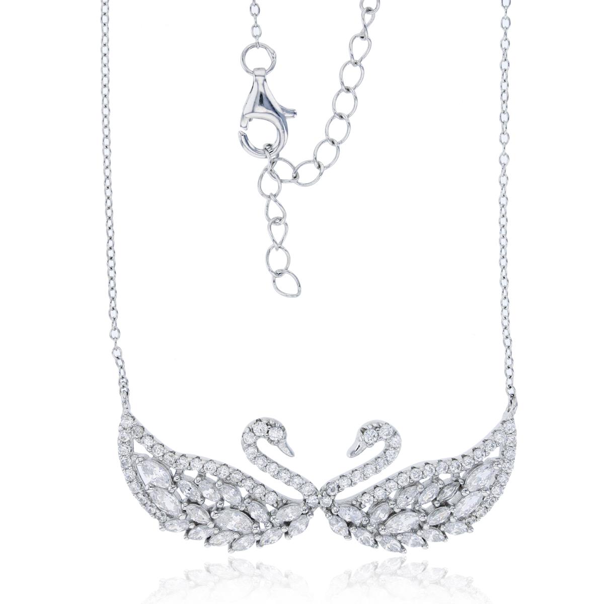 Sterling Silver Rhodium Rd & Marquise Cut CZ Double Swan 16"+2" Necklace
