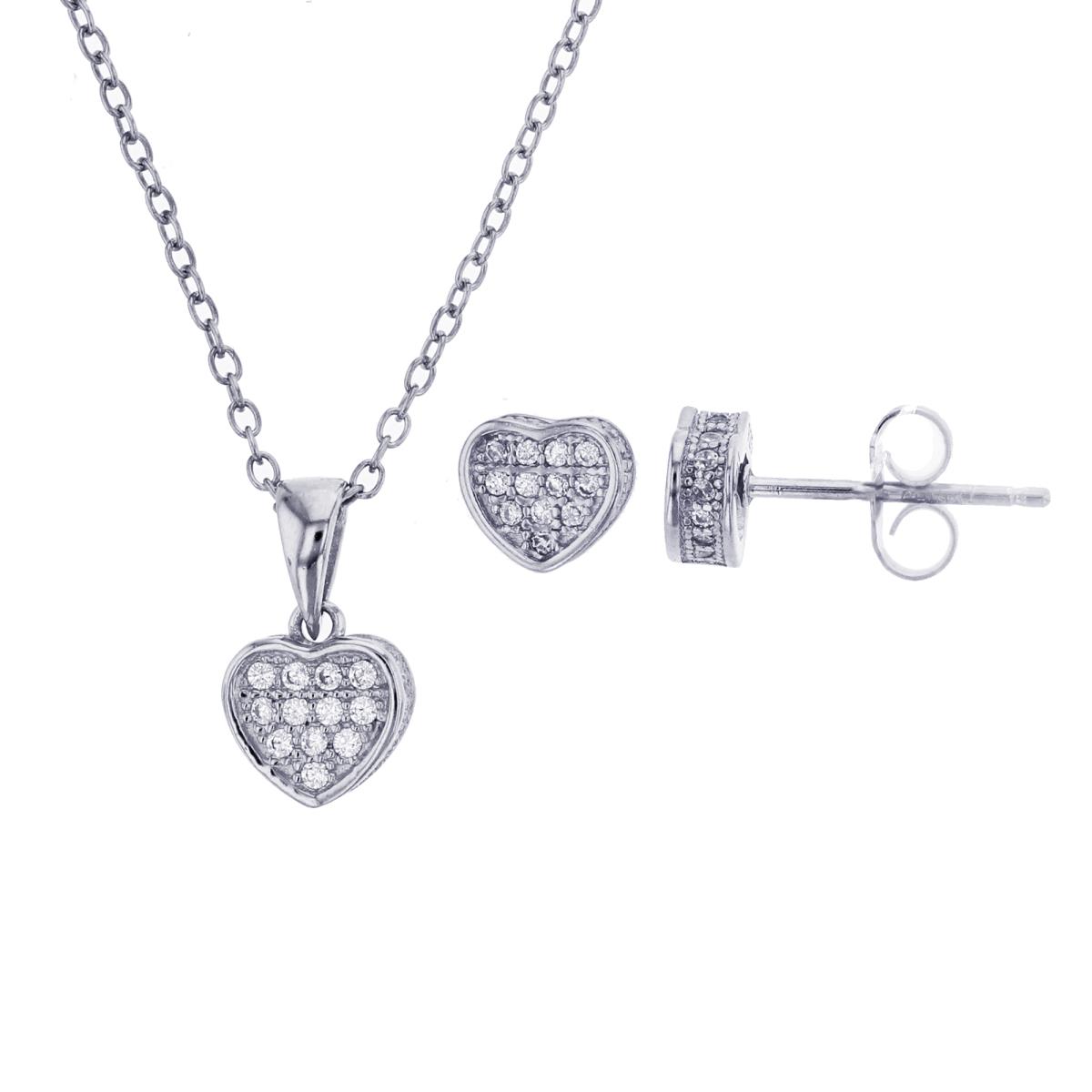 Sterling Silver Micropave 3D Heart 13"+2" Necklace & Stud Earring Set