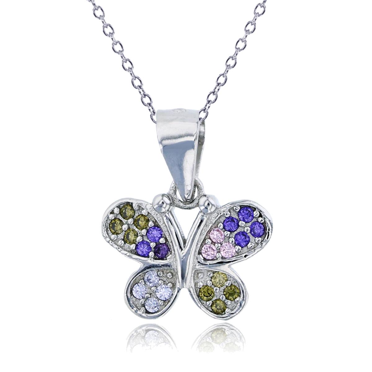Sterling Silver Rhodium Multi Color CZ Butterfly 13"+2" Necklace