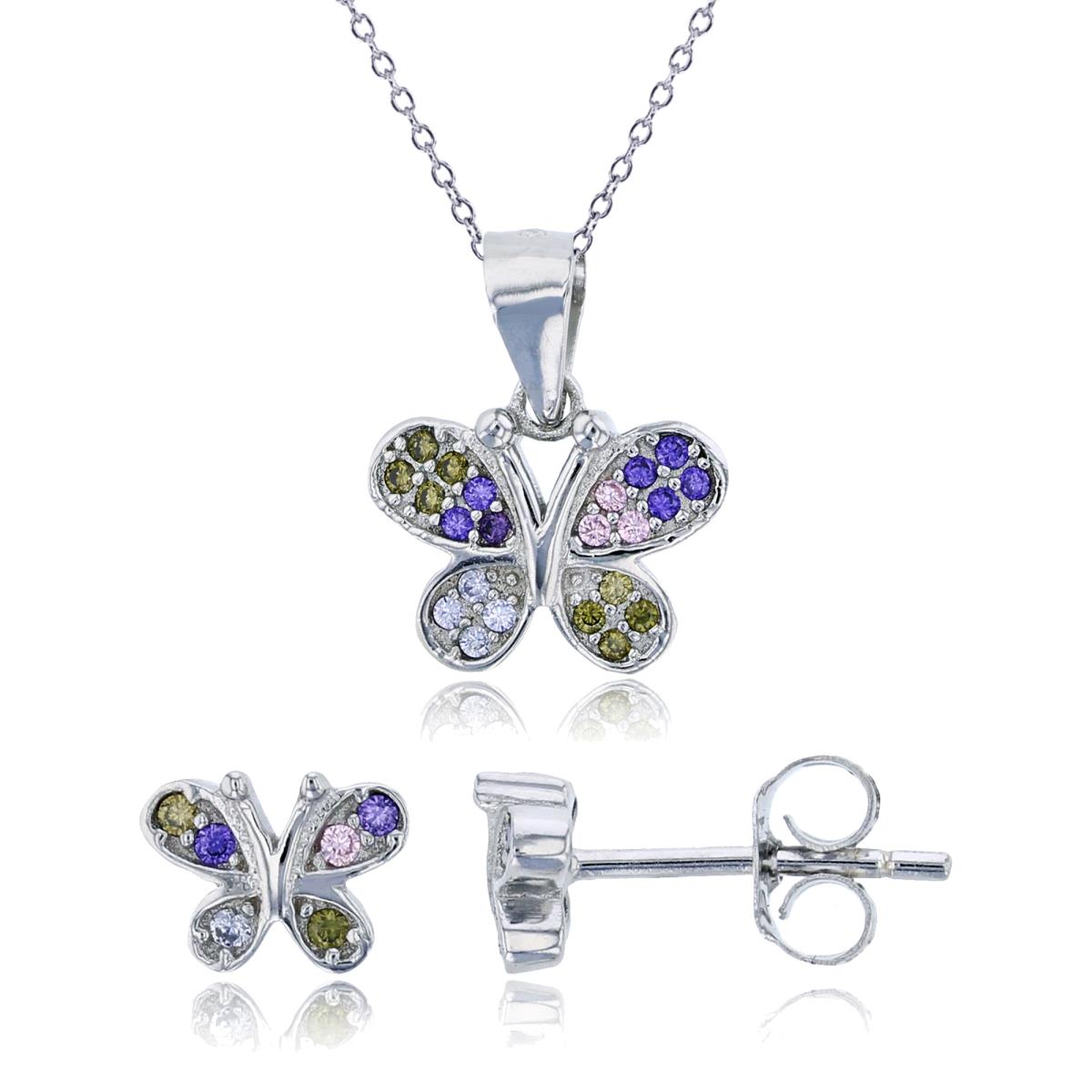 Sterling Silver Rhodium Multi Color CZ Butterfly 13"+2" Necklace & Earring Set