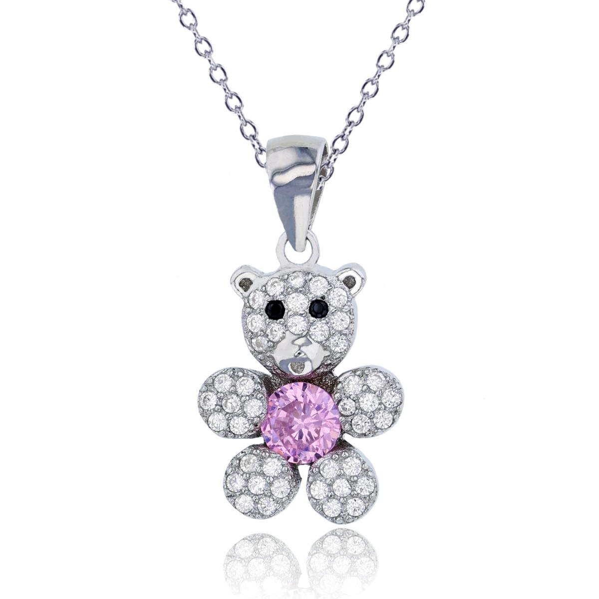 Sterling Silver Rhodium 4.5mm Rd Cut Pink CZ Micropave Teddy Bear 13"+2" Necklace
