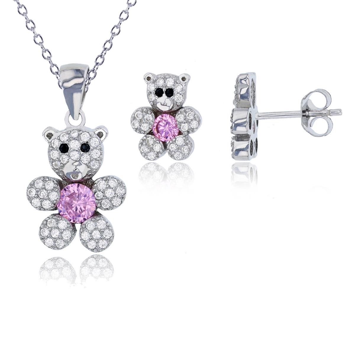Sterling Silver Rhodium 4.5mm Rd Cut Pink CZ Micropave Teddy Bear 13"+2" Necklace & Earring Set