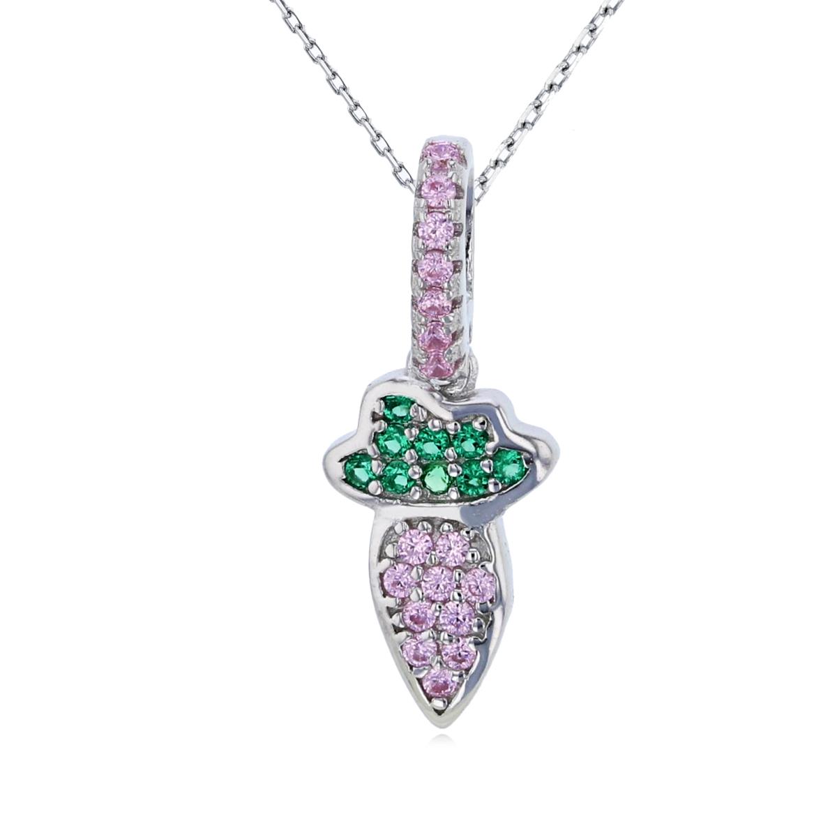 Sterling Silver Rhodium Green & Pink CZ Carrot 13"+2" Necklace