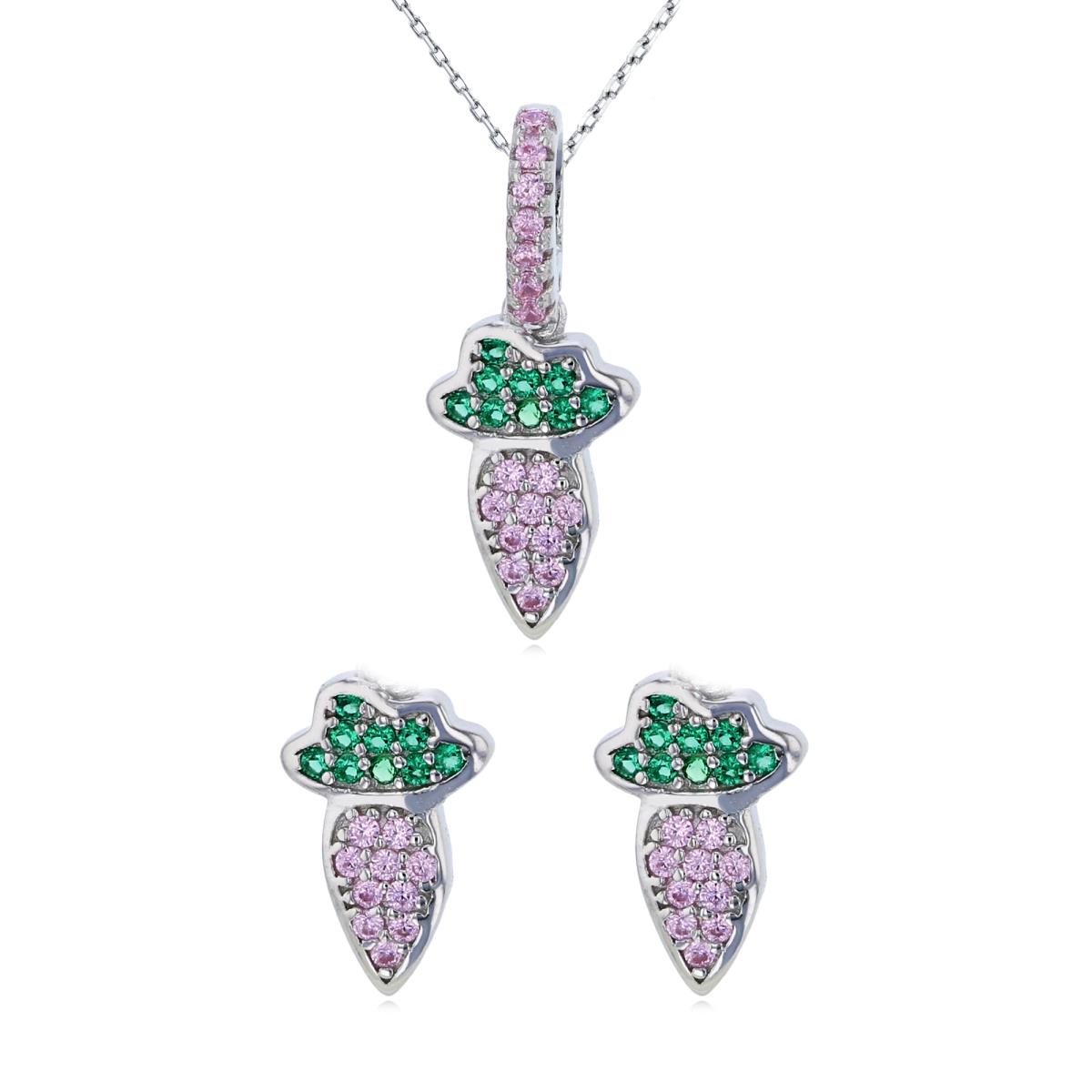 Sterling Silver Rhodium Green & Pink CZ Carrot 13"+2" Necklace & Earring Set