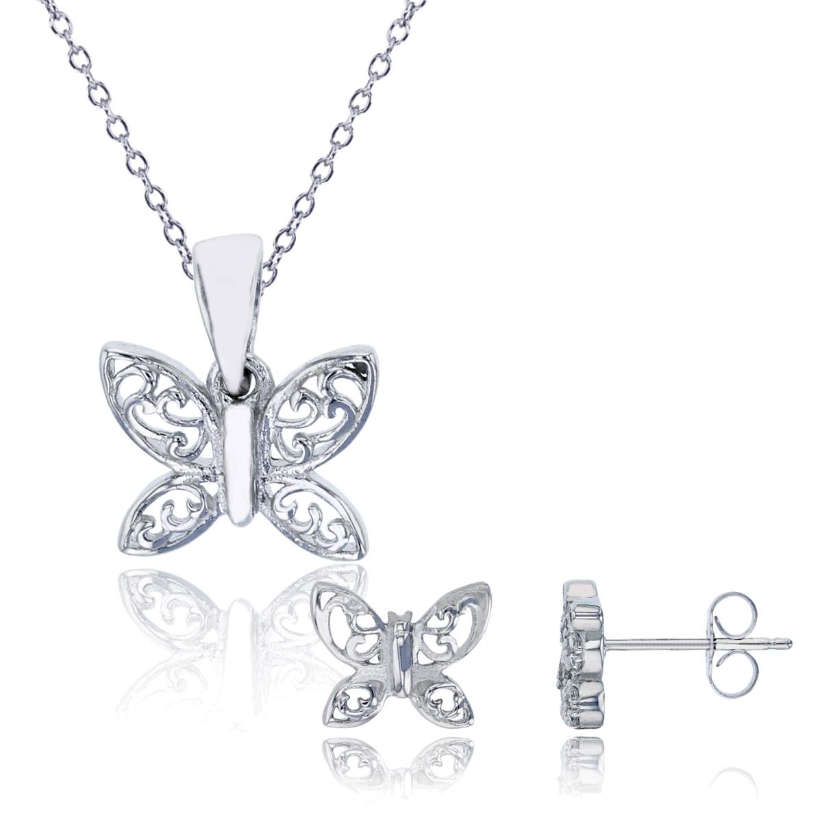 Sterling Silver Rhodium 12x10mm Butterfly 13"+2" Necklace & Earring Set