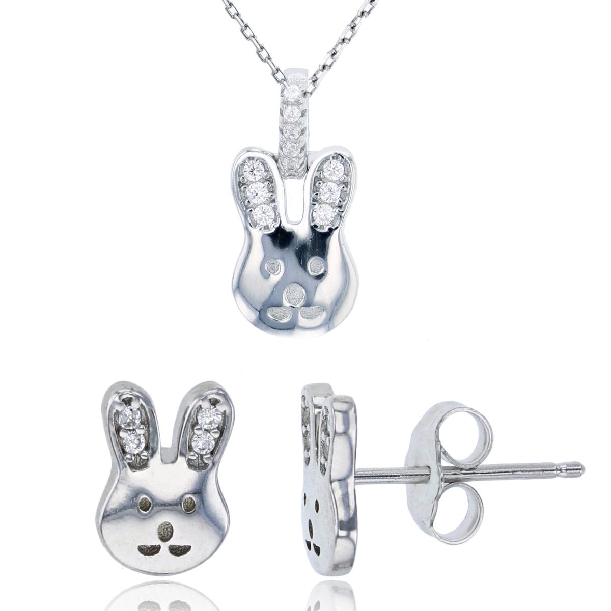 Sterling Silver Rhodium Polished Bunny CZ 13"+2" Necklace & Earring Set