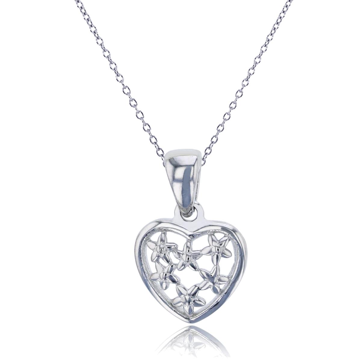 Sterling Silver Rhodium Polished Heart with Stars 13"+2" Necklace