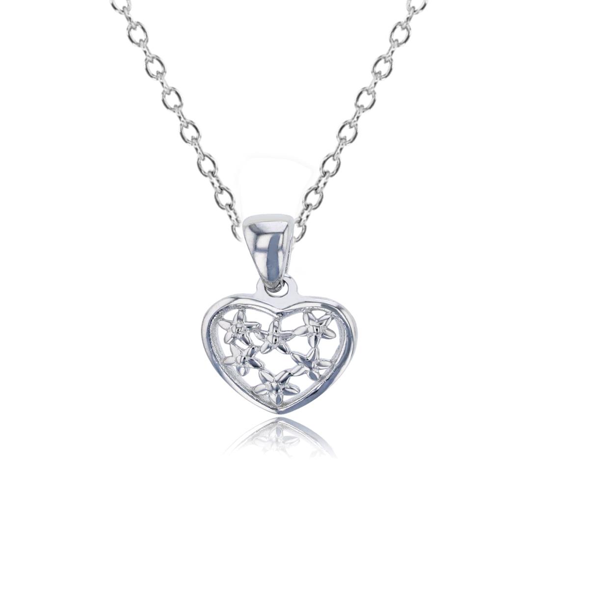 Sterling Silver Rhodium Polished Heart with Stars 13"+2" Necklace & Earring Set