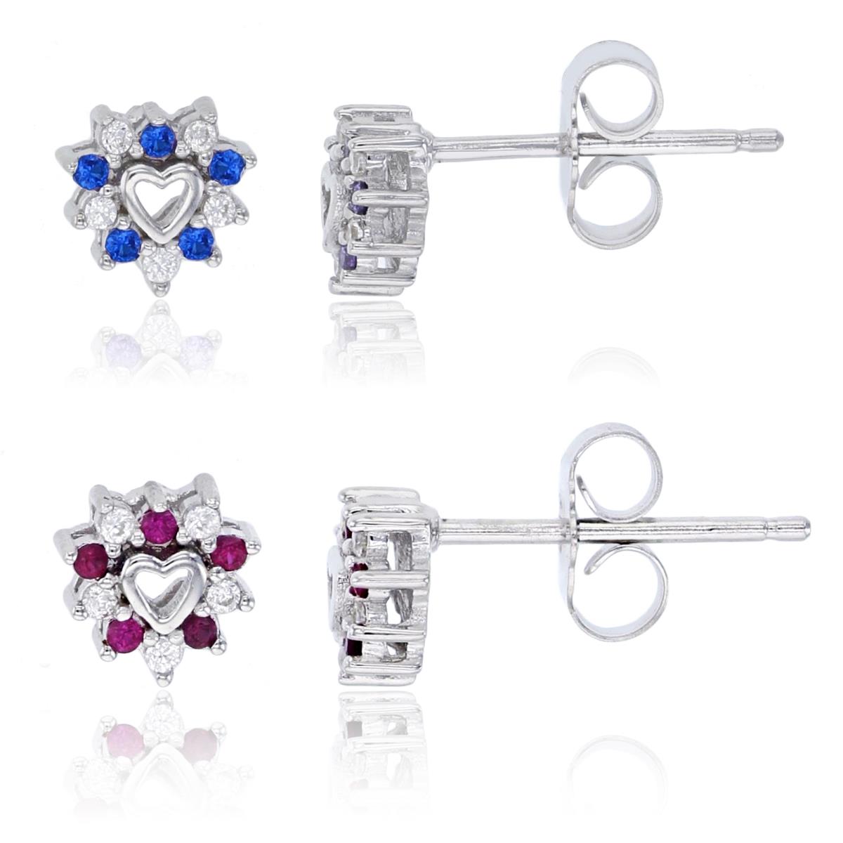 Sterling Silver Rhodium Ruby & White+Sapphire & White CZ 6mm Heart Earring Set