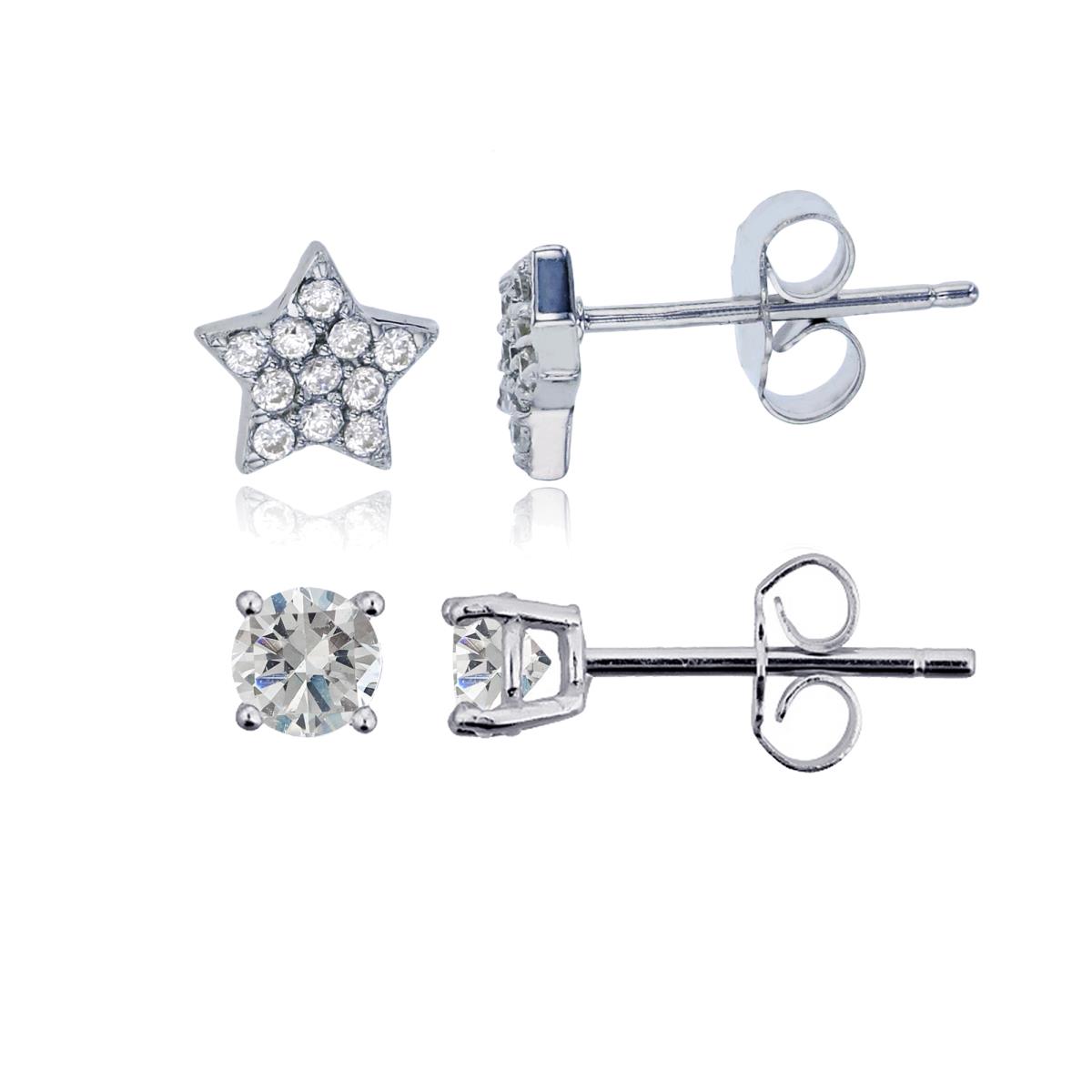 Sterling Silver Rhodium 7x7mm Micropave Star & 4mm Round Solitaire Stud Earring Set
