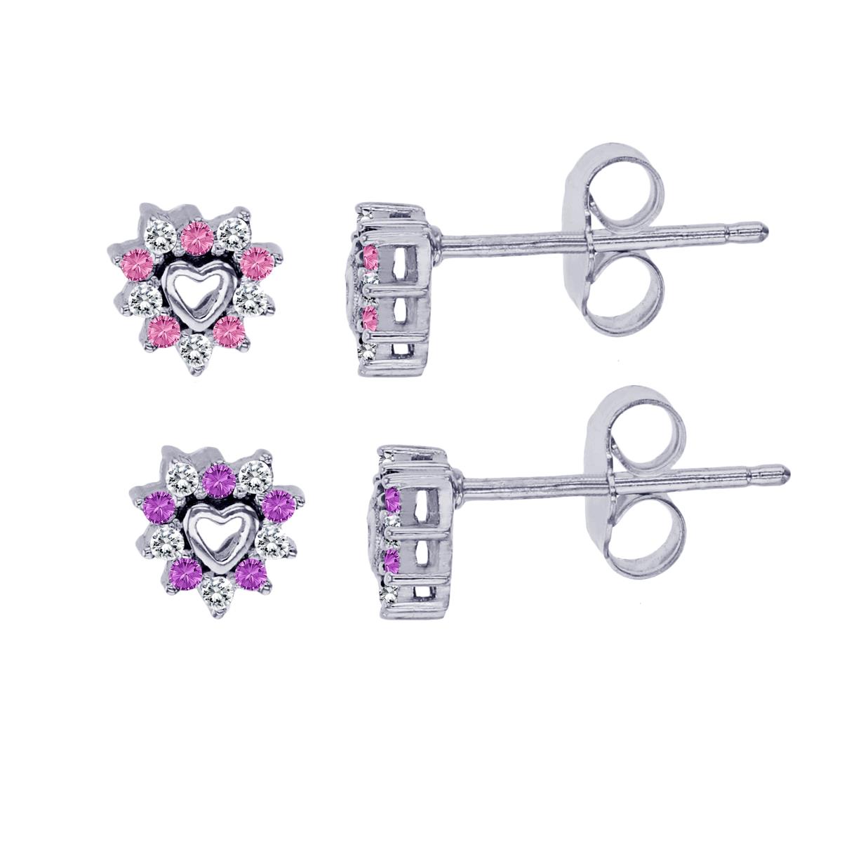 Sterling Silver Rhodium Amethyst & White+Pink & White CZ 6mm Heart Earring Set