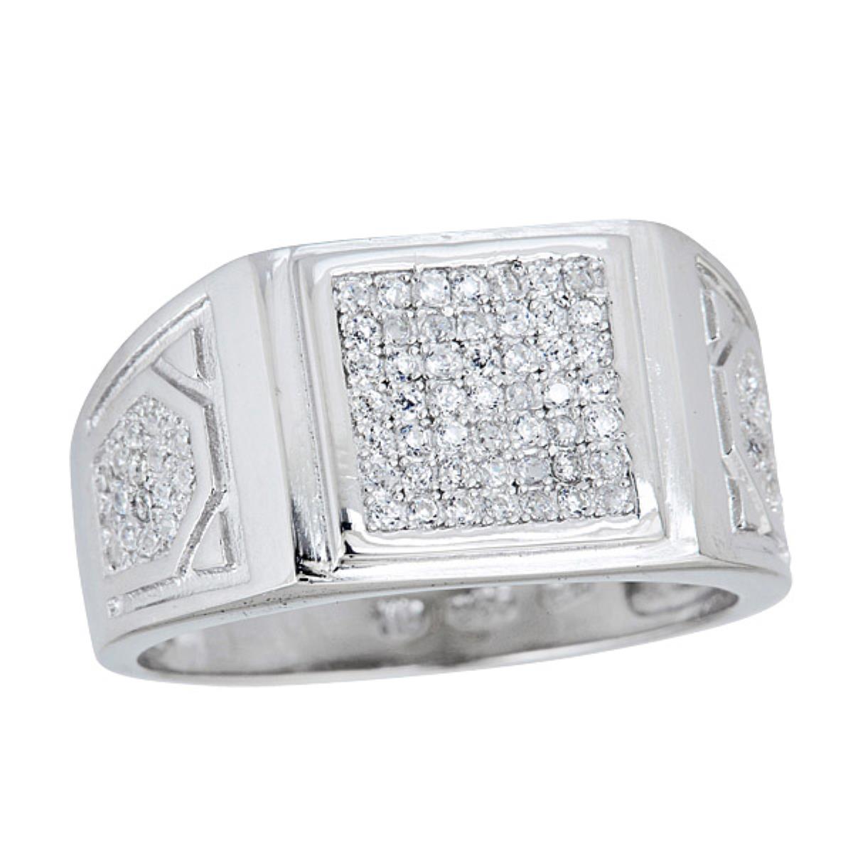 Sterling Silver Rhodium Men's Square & Polygon Pave Ring