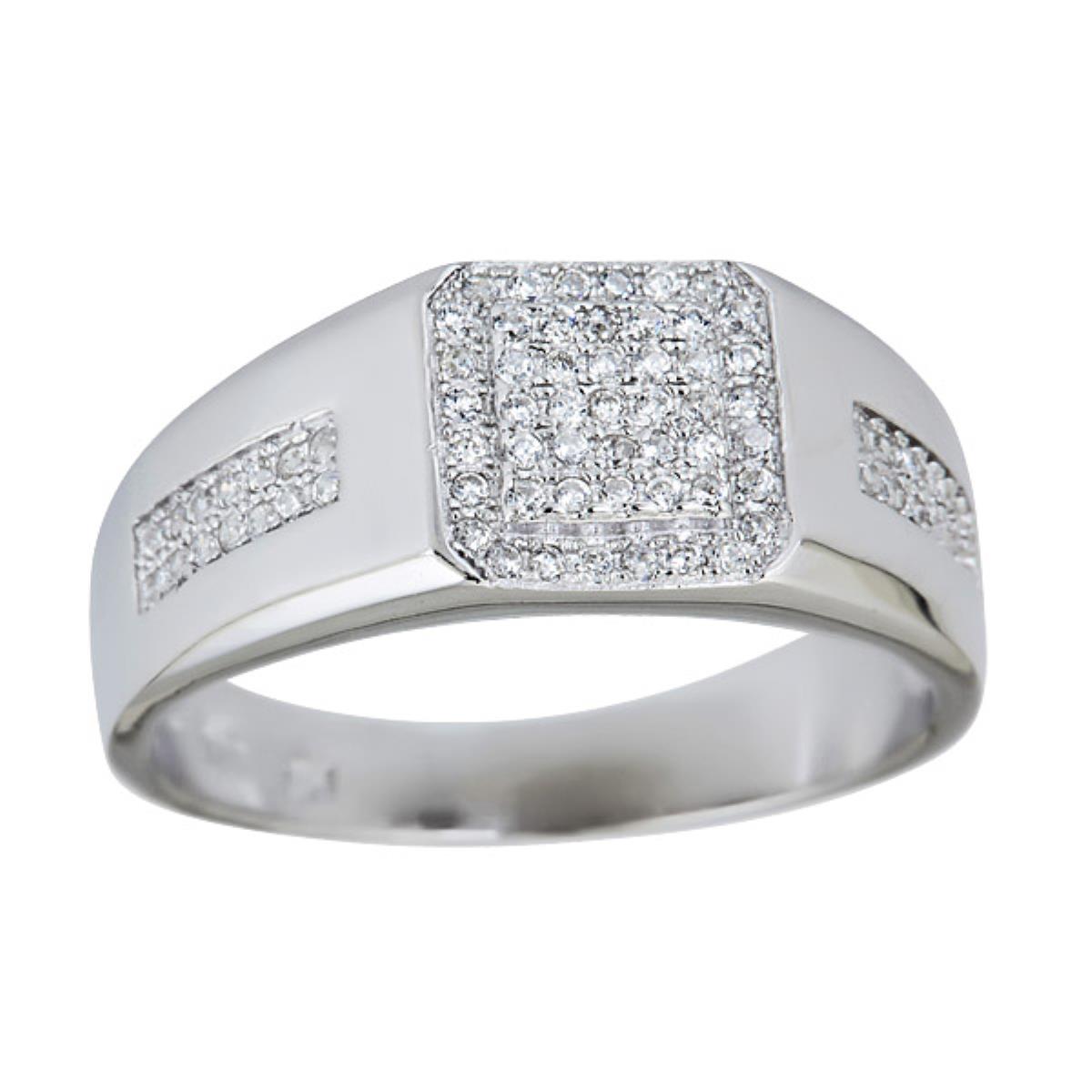Sterling Silver Rhodium Men's Pave Rounded Square & Center Line Ring