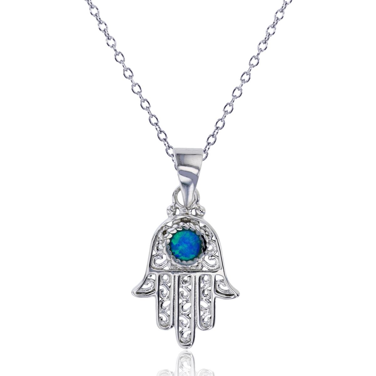 Sterling Silver Rhodium Created Blue Opal Fligree Hamsa 18" Necklace