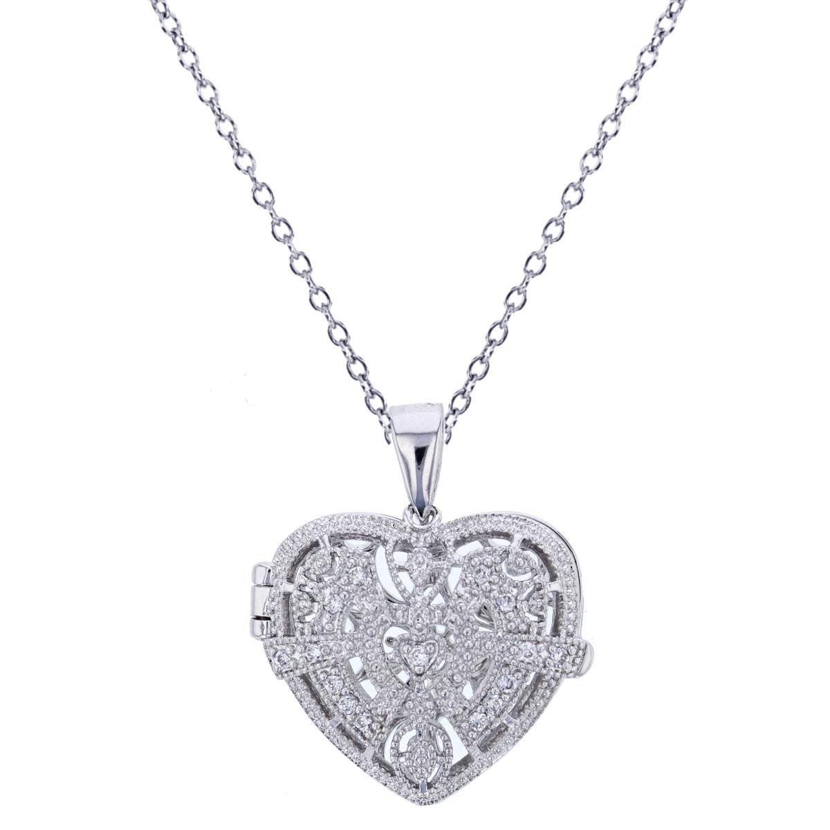 Sterling Silver Rhodium 26x22mm Micropave & Milgrain Heart Locket 18" Necklace