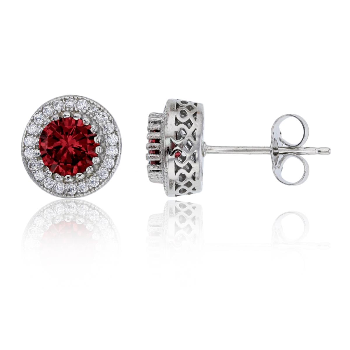 Sterling Silver Rhodium 5.5mm Ruby Round Glass Pave Halo Stud