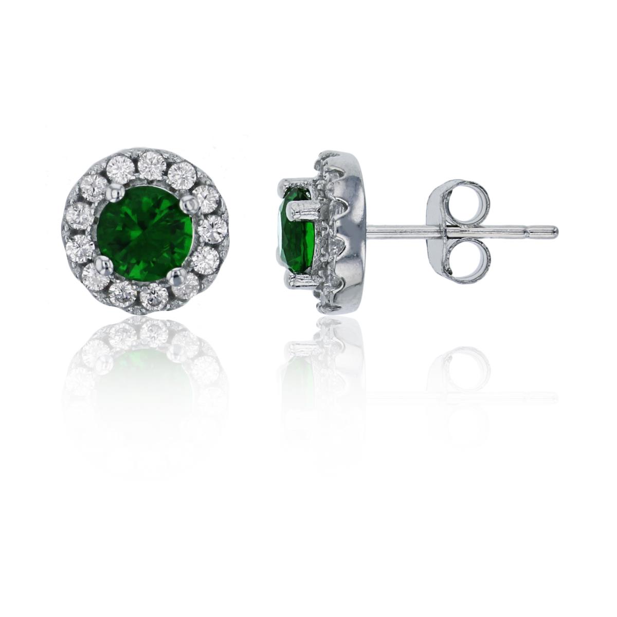 Sterling Silver Rhodium 5mm Emerald Rd Cut Glass with White Pave Halo Stud Earring