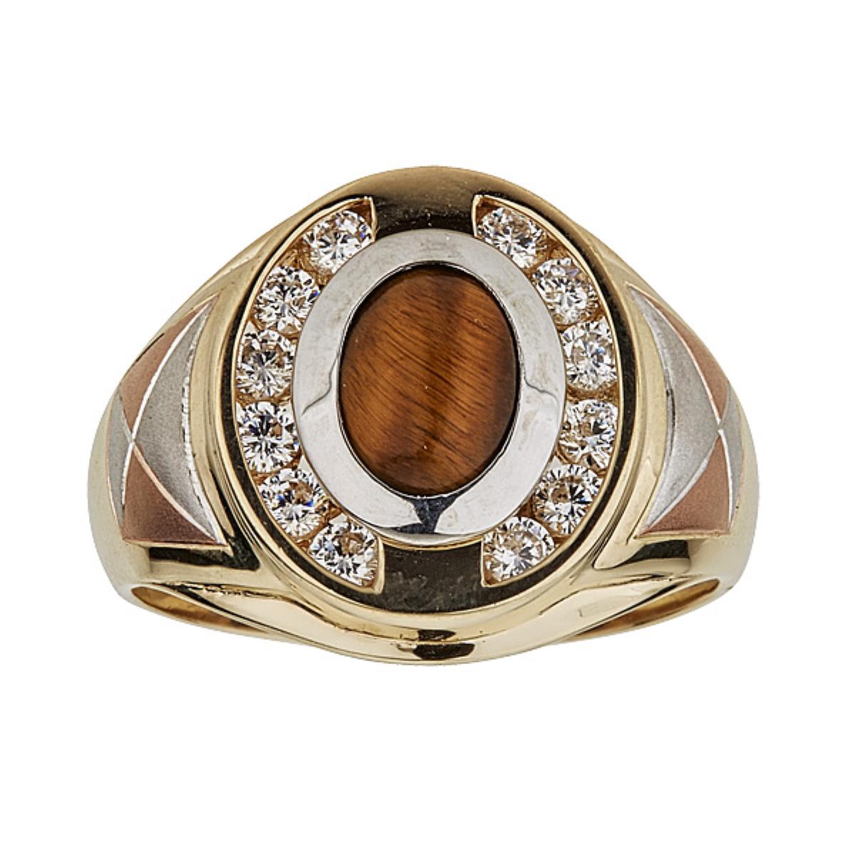 14K Tri-Color Gold 7x9mm Oval Cut Tiger Eye & White CZ Satin Oval Men's Ring