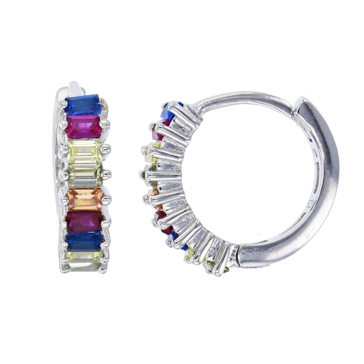 Sterling Silver Rhodium 12x3mm One-Row Multi Color Baguette Glass Huggie Earring