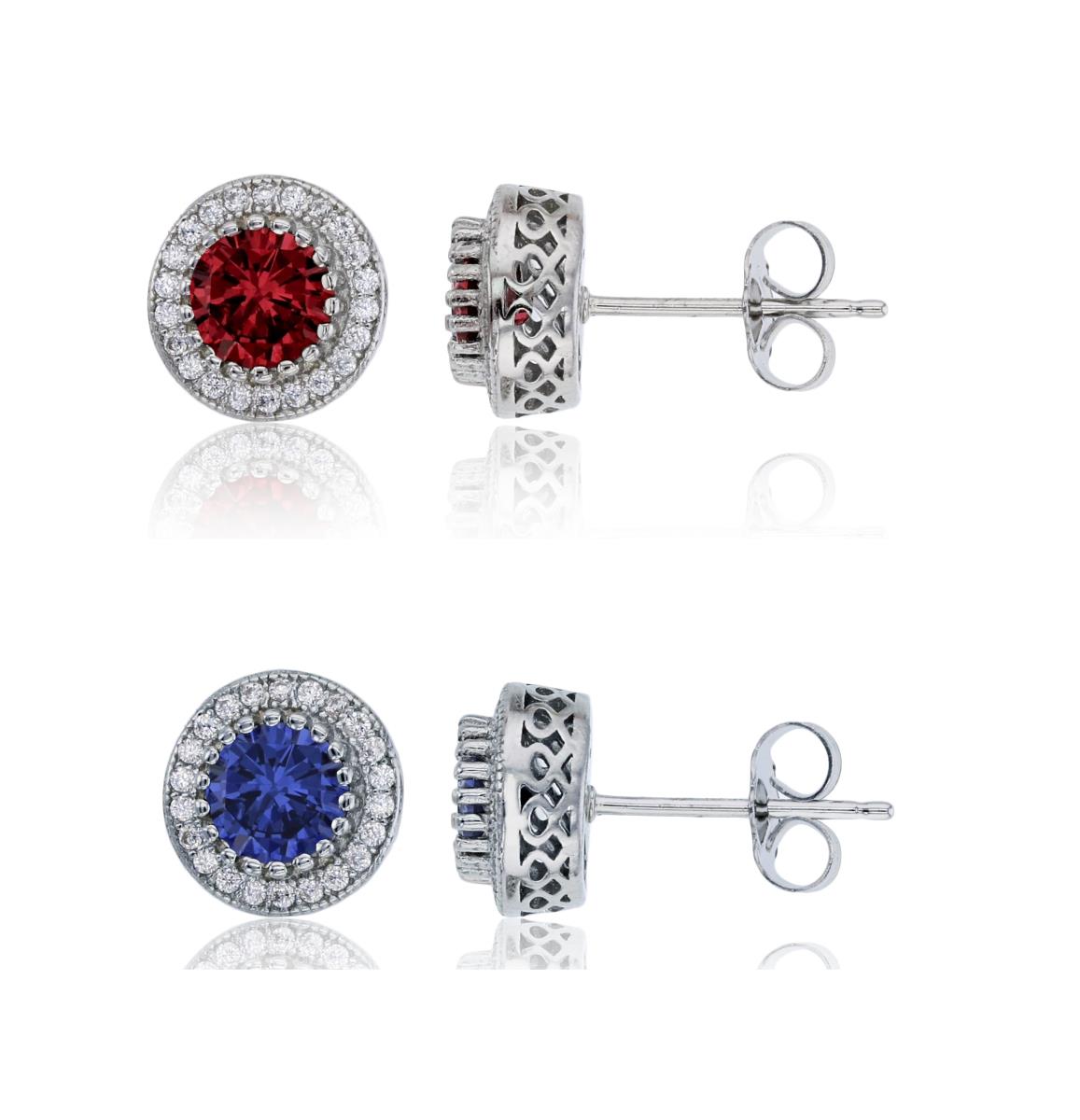 Sterling Silver Rhodium 5.5mm Ruby & Tanzanite Round Glass Pave Halo Stud Earring Set