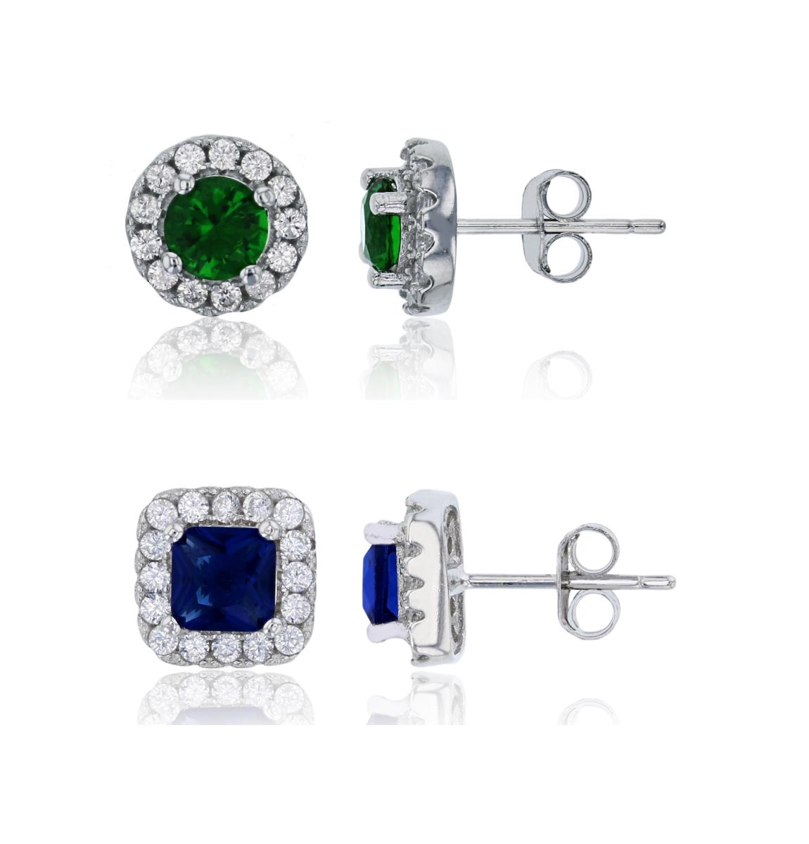 Sterling Silver Rhodium Emerald Rd & Sapphire Princess Cut Halo Stud Earring Set