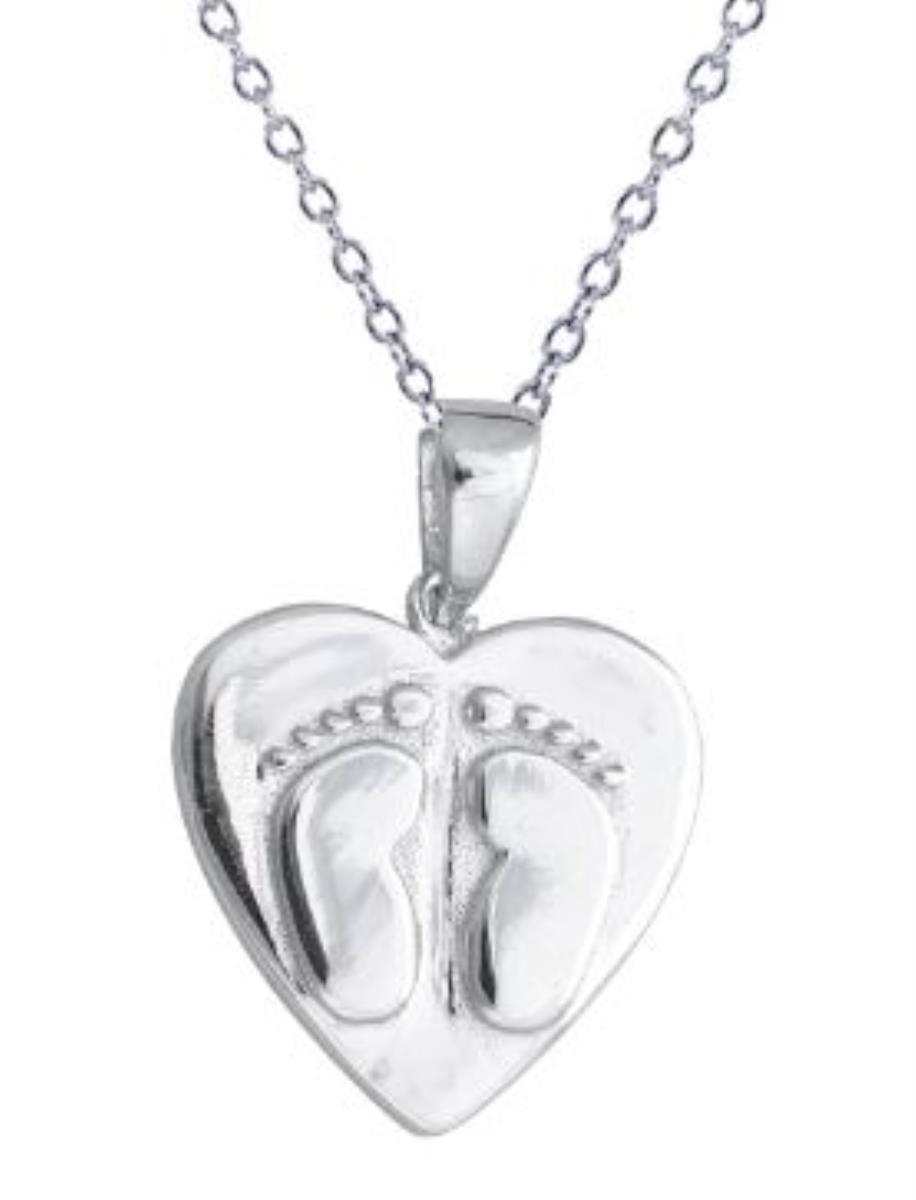 Sterling Silver Rhodium Heart Baby Feet 13+2" Necklace