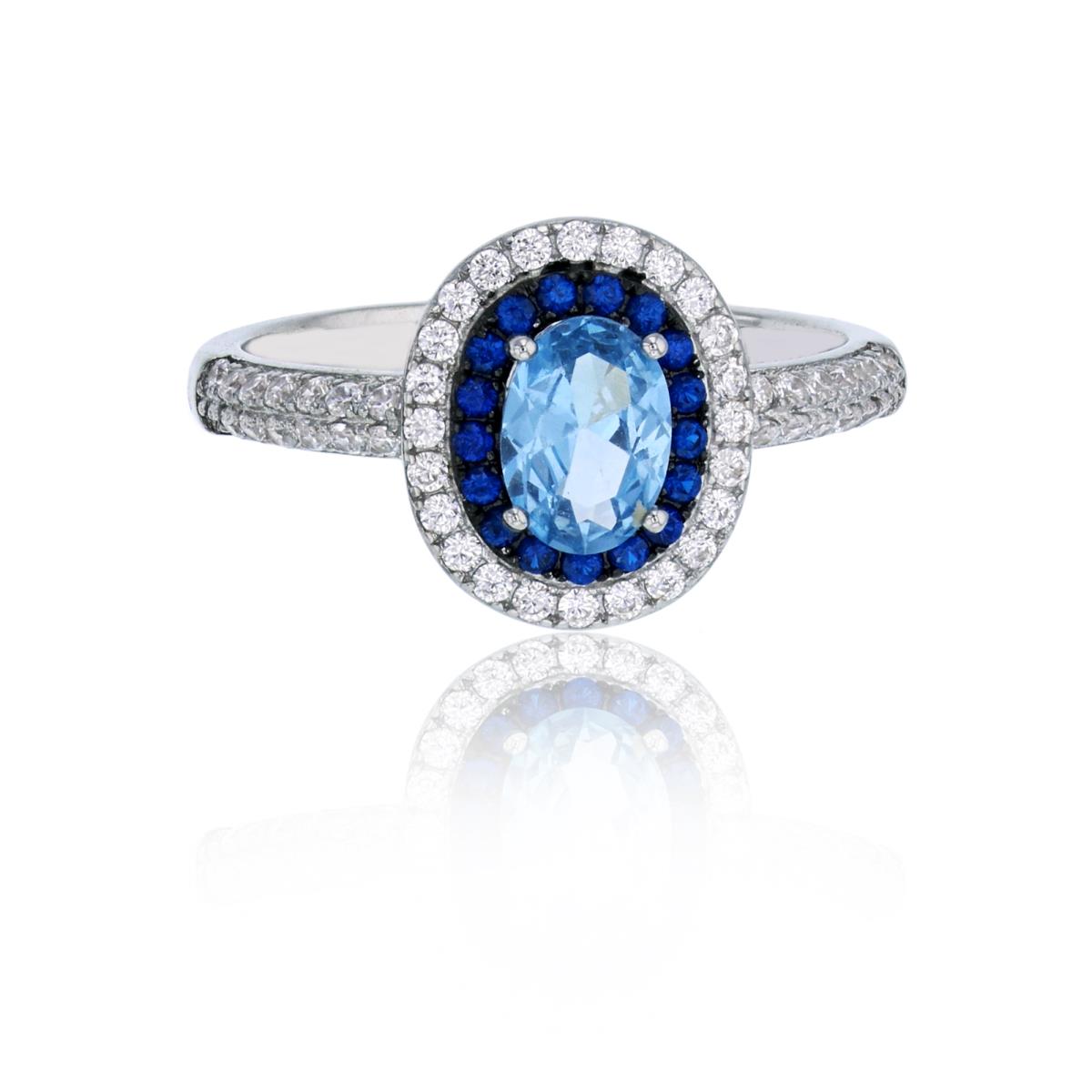 Sterling Silver Rhodium & Black Light Blue 7x5mm Oval Cut Glass with Sapphire & White CZ Double Halo Fashion Ring