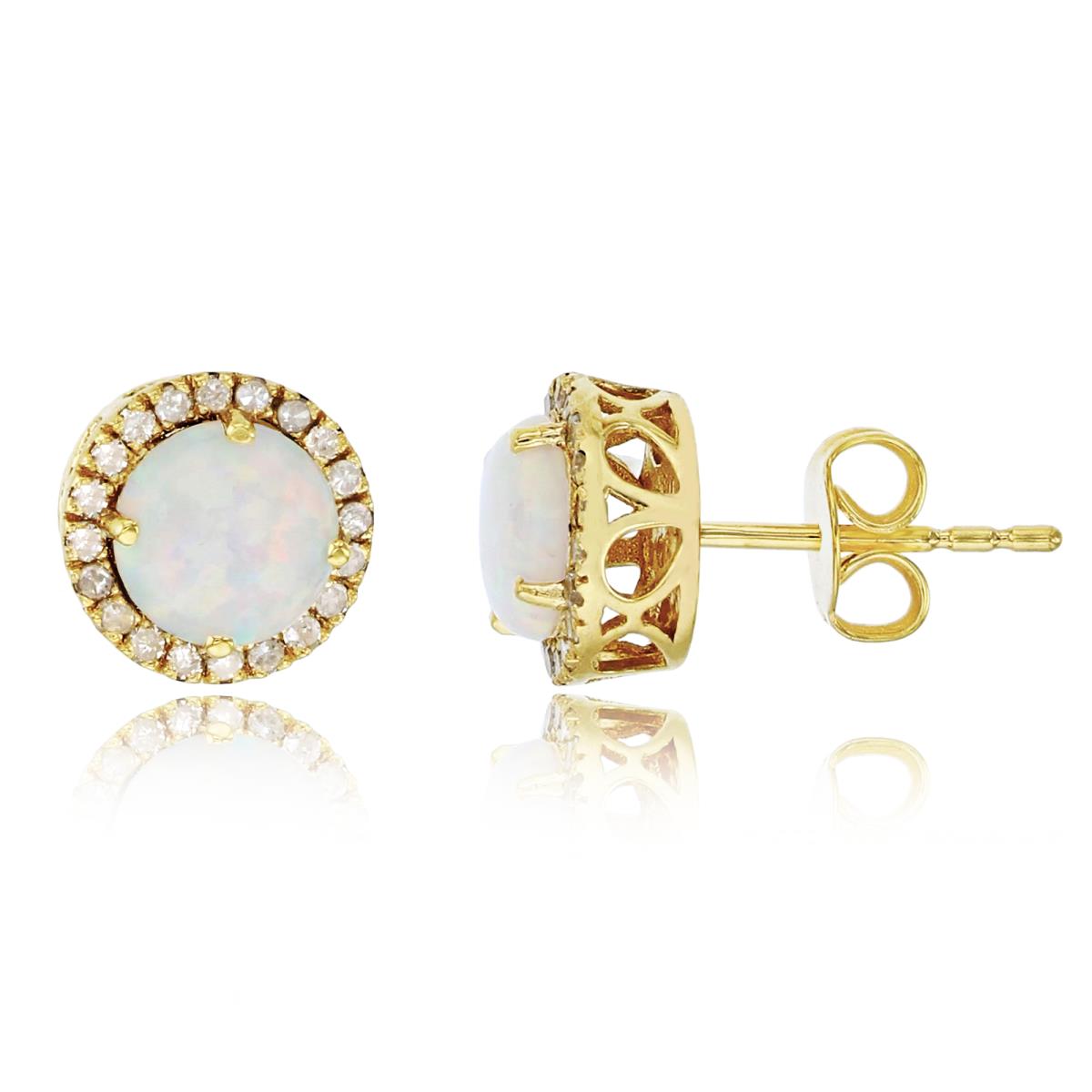 14K Yellow Gold 6mm Round Created White Opal & 0.2 CTTW Diamond Halo Stud Earring